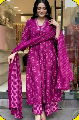 Women’s Magenta Printed Kurta with Plazzo and  Dupatta Set view 2
